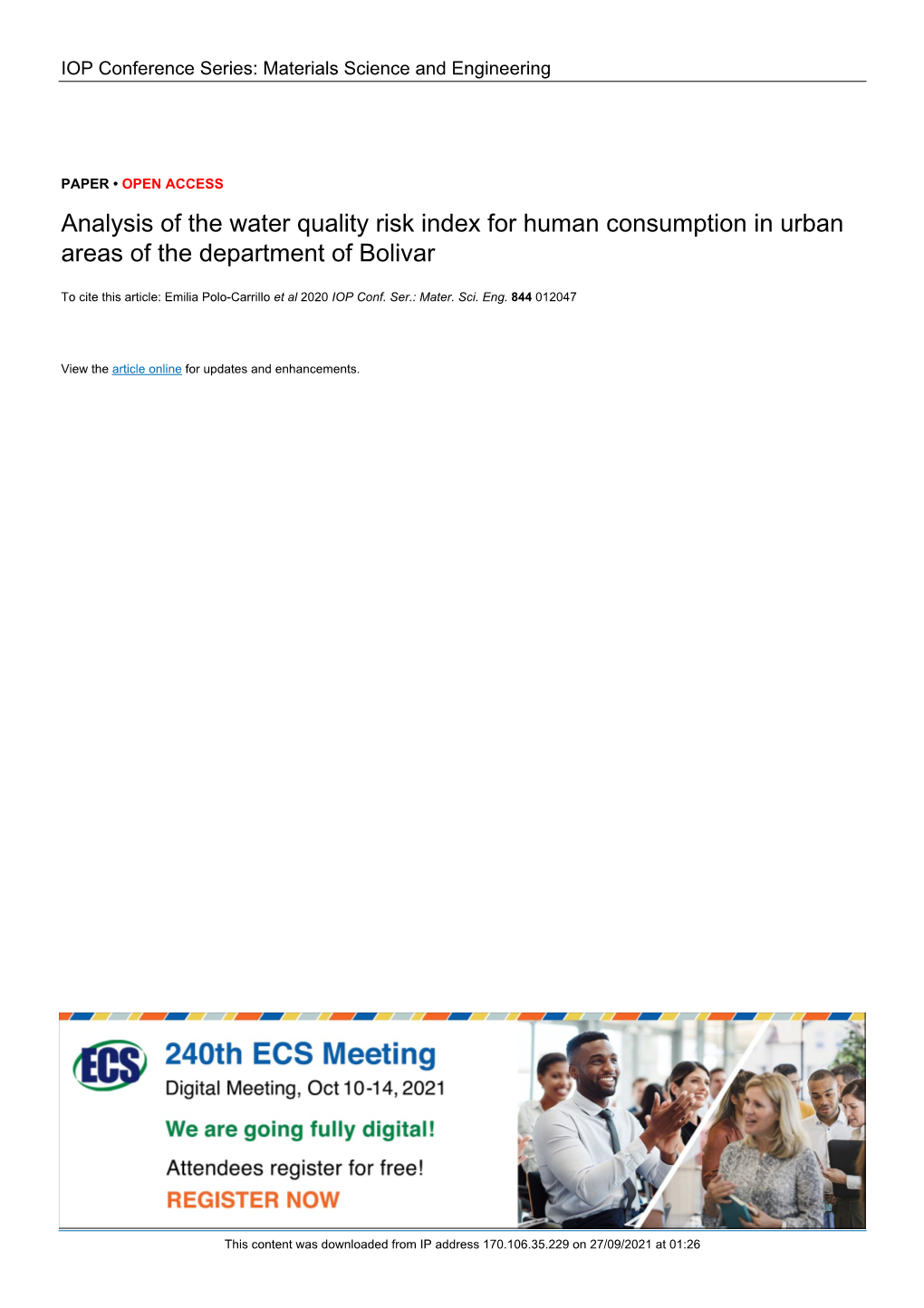 Analysis of the Water Quality Risk Index for Human Consumption in Urban Areas of the Department of Bolivar