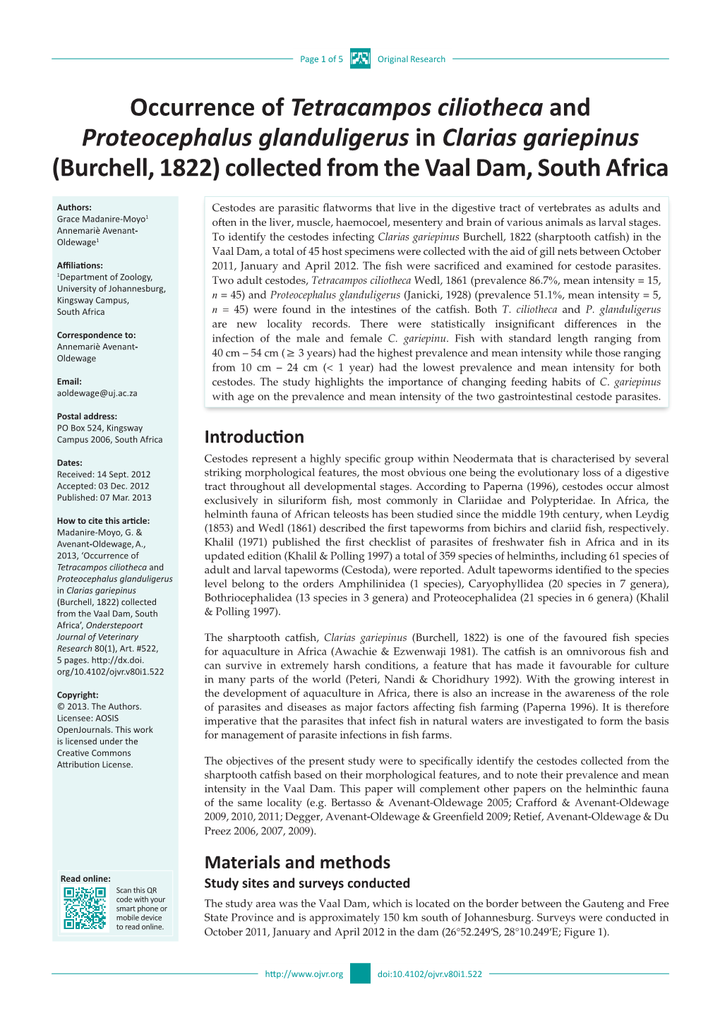 Occurrence of Tetracampos Ciliotheca and Proteocephalus Glanduligerus in Clarias Gariepinus (Burchell, 1822) Collected from the Vaal Dam, South Africa