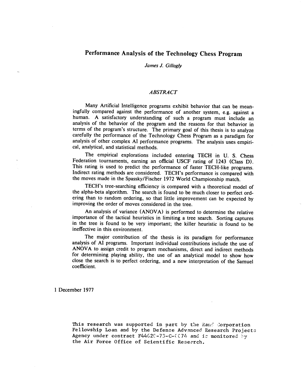 Performance Analysis of the Technology Chess Program James