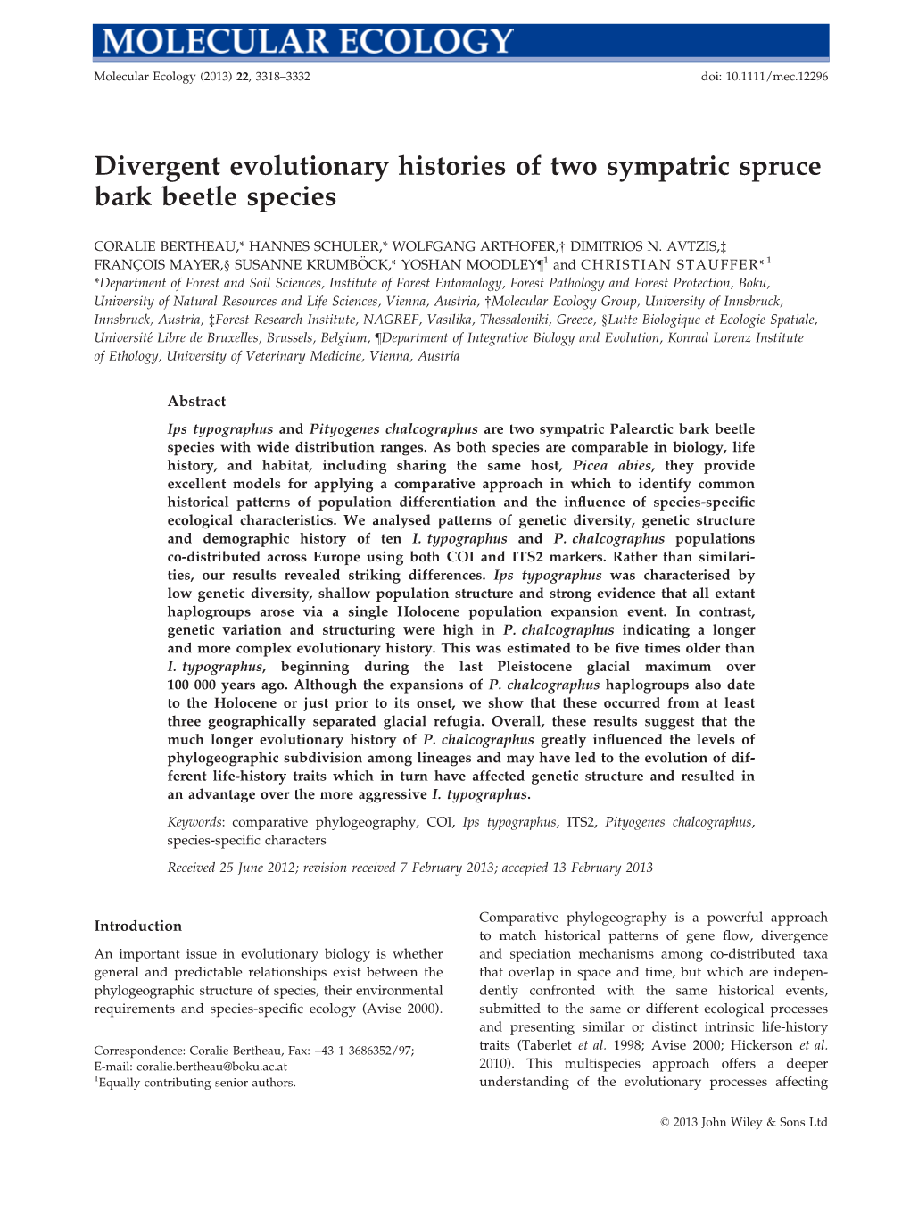 Divergent Evolutionary Histories of Two Sympatric Spruce Bark Beetle Species