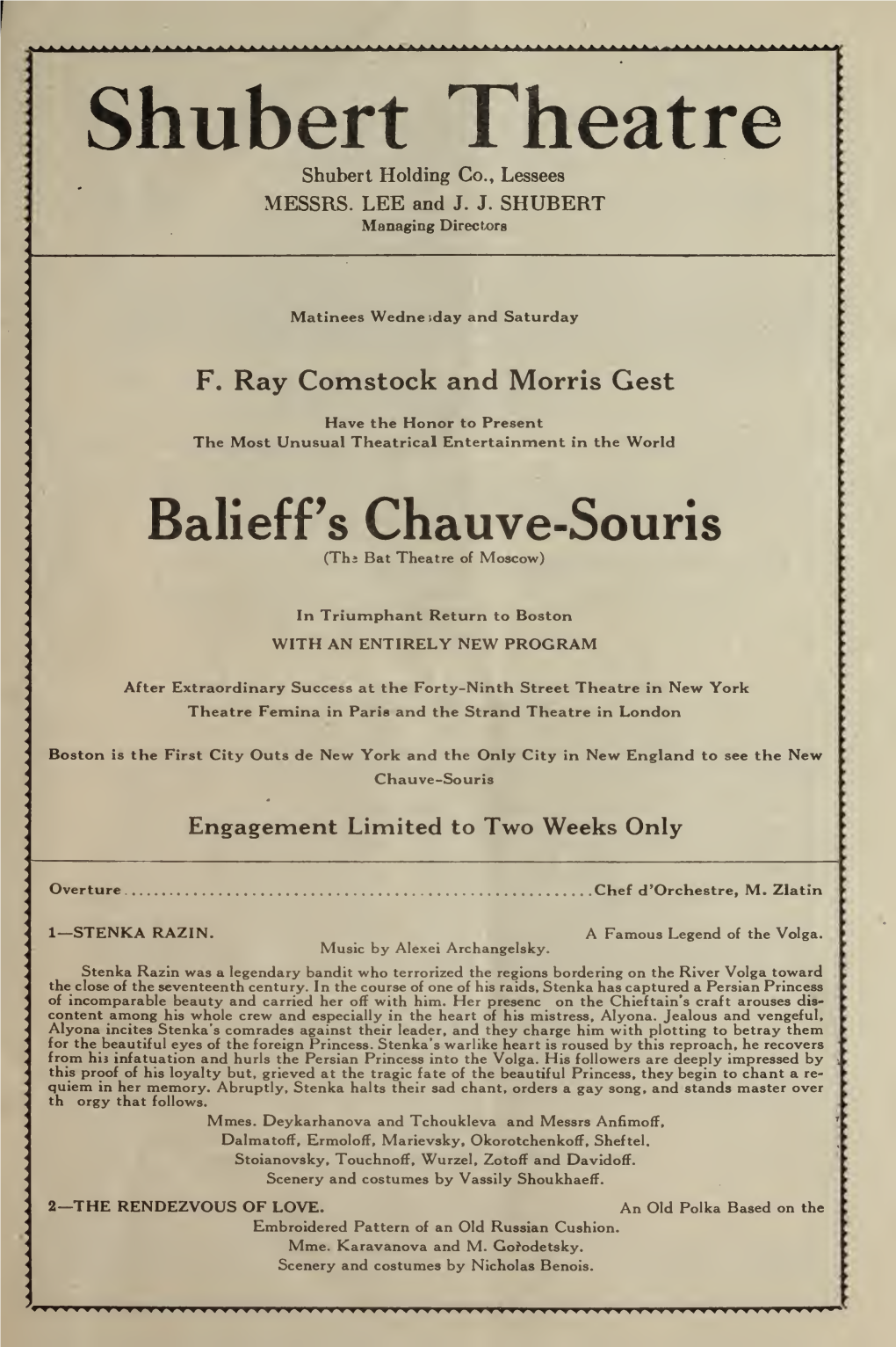 Shubert Theatre Balieff's Chauve-Souris Program