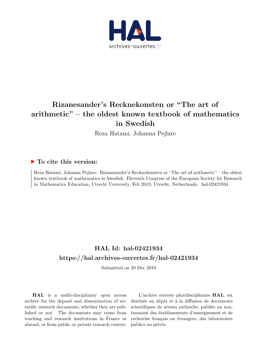 Rizanesander's Recknekonsten Or ``The Art of Arithmetic'