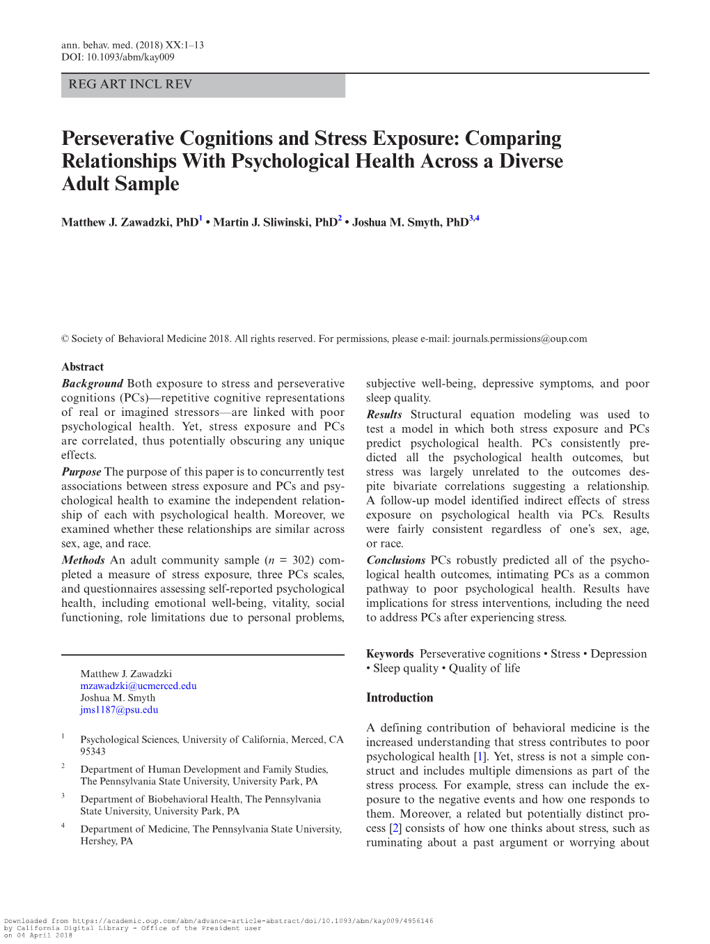 Perseverative Cognitions and Stress Exposure: Comparing Relationships with Psychological Health Across a Diverse Adult Sample