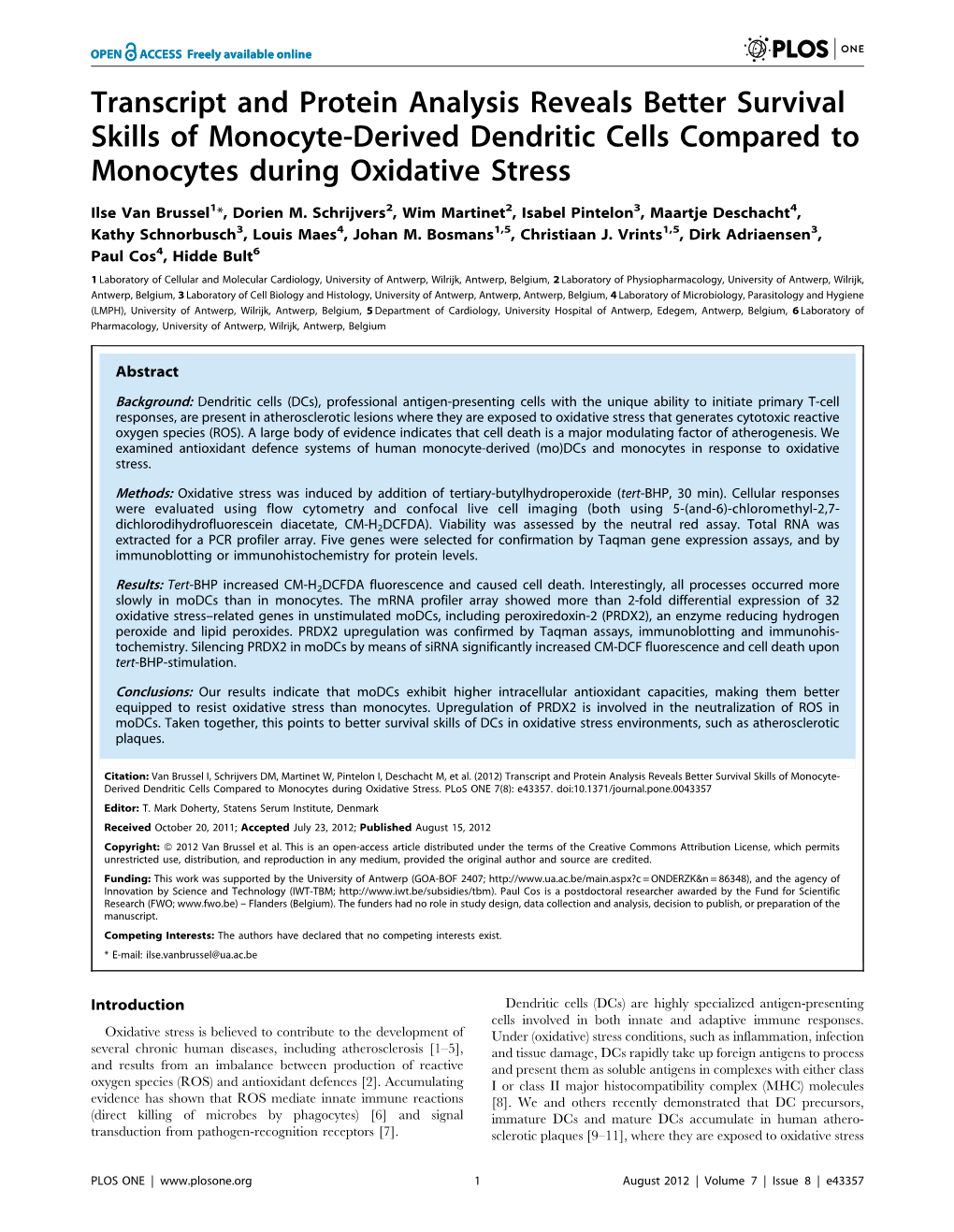 Transcript and Protein Analysis Reveals Better Survival Skills of Monocyte-Derived Dendritic Cells Compared to Monocytes During Oxidative Stress