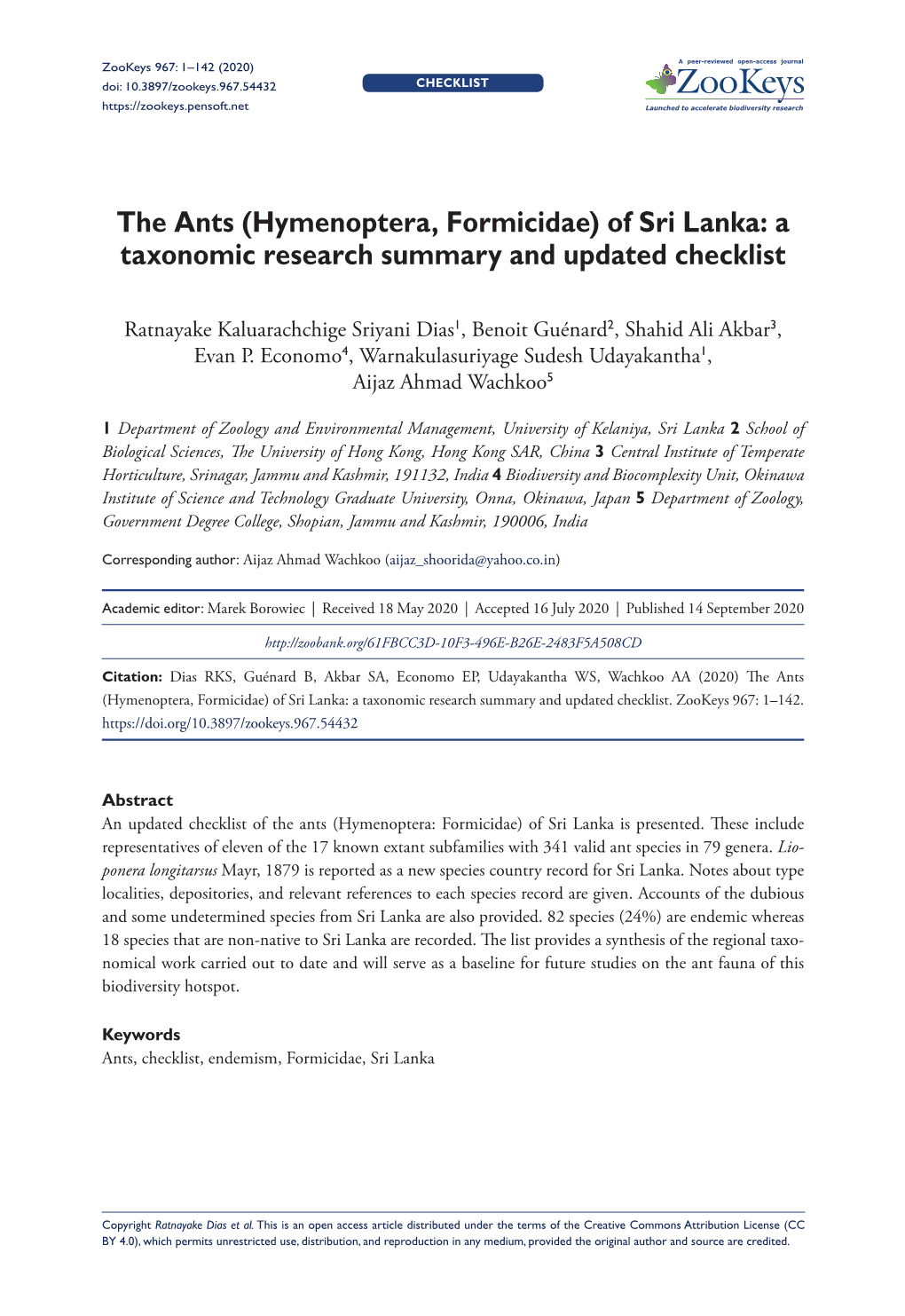 Of Sri Lanka: a Taxonomic Research Summary and Updated Checklist