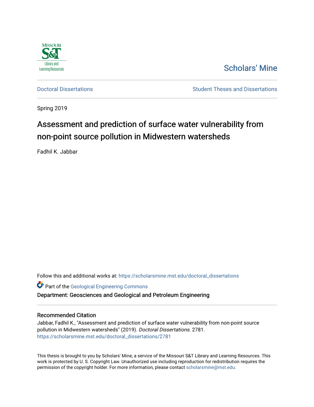 Assessment and Prediction of Surface Water Vulnerability from Non-Point Source Pollution in Midwestern Watersheds