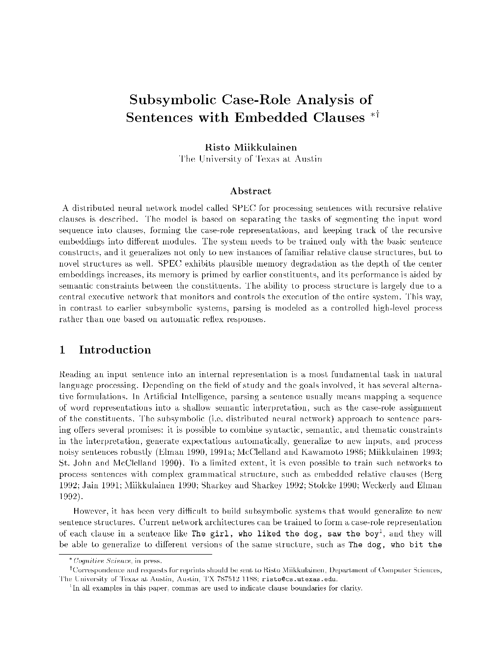 Subsymbolic Case-Role Analysis of Sentences with Embedded Clauses Y