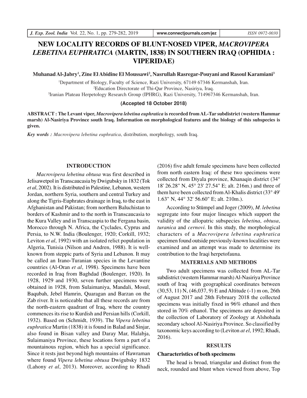 New Locality Records of Blunt-Nosed Viper, Macrovipera Lebetina Euphratica (Martin, 1838) in Southern Iraq (Ophidia : Viperidae)