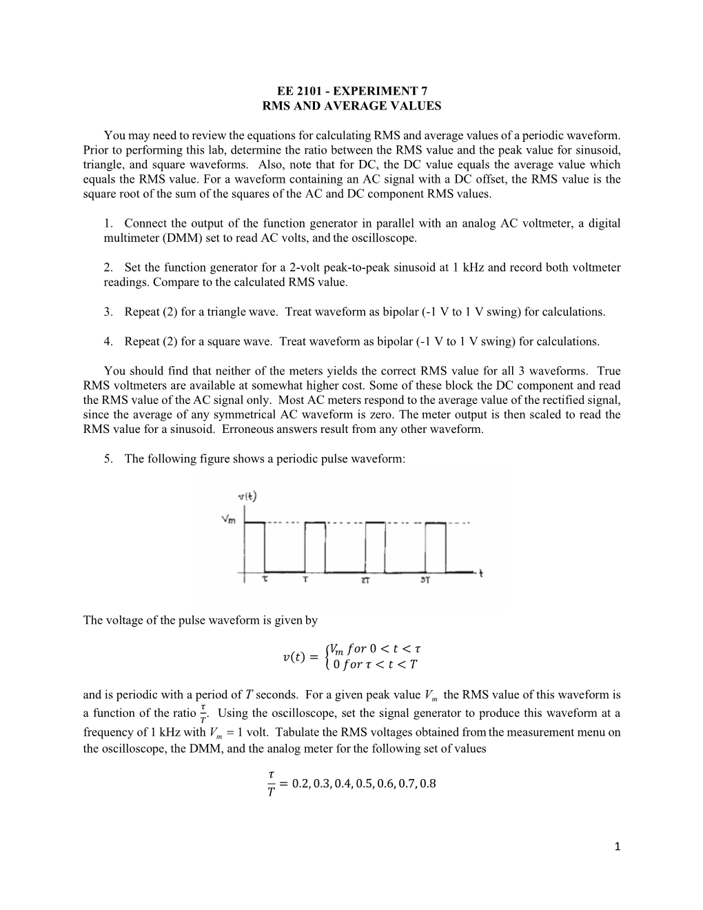 Ee 2101 - Experiment 7 Rms and Average Values