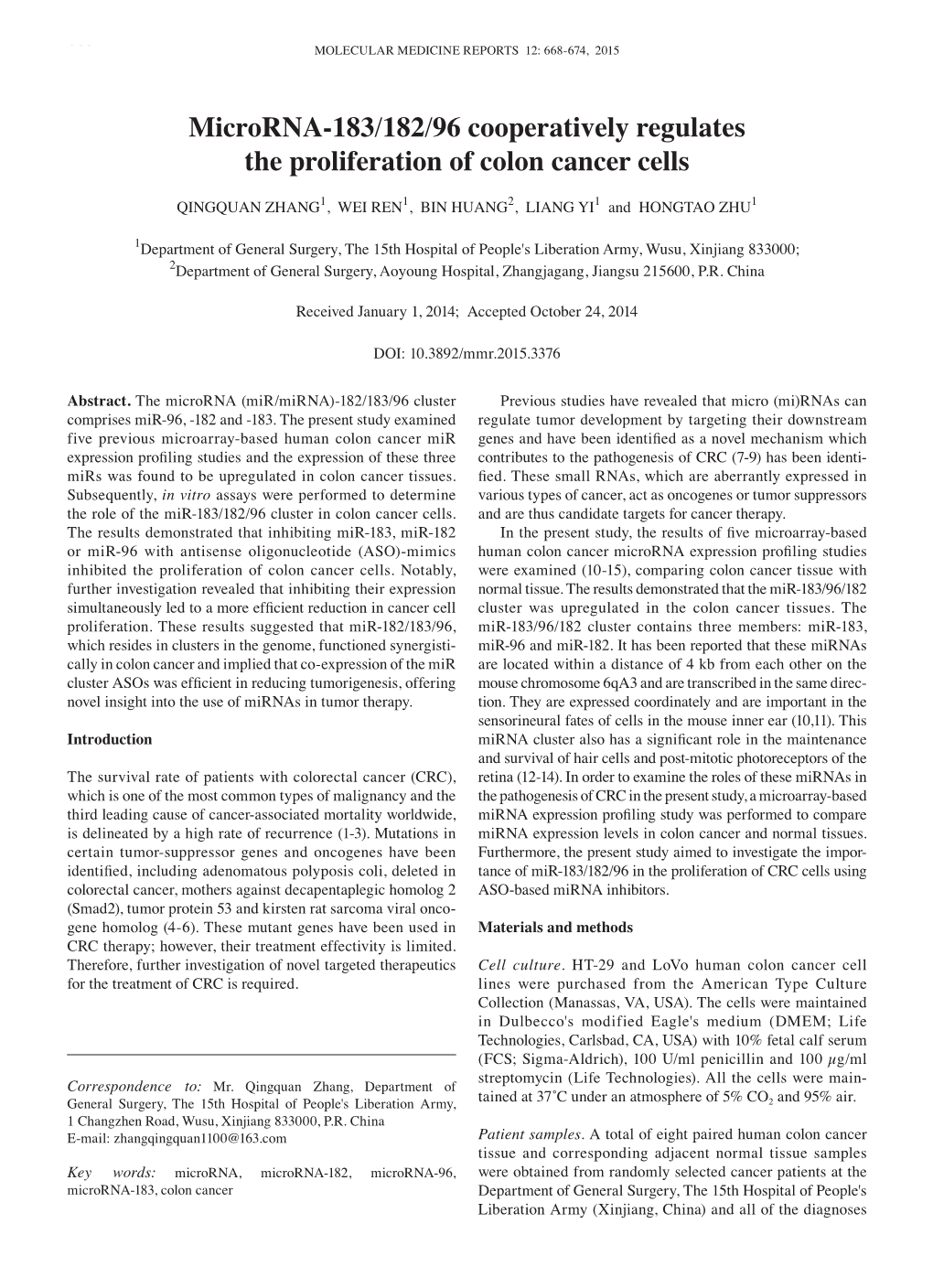 Microrna-183/182/96 Cooperatively Regulates the Proliferation of Colon Cancer Cells