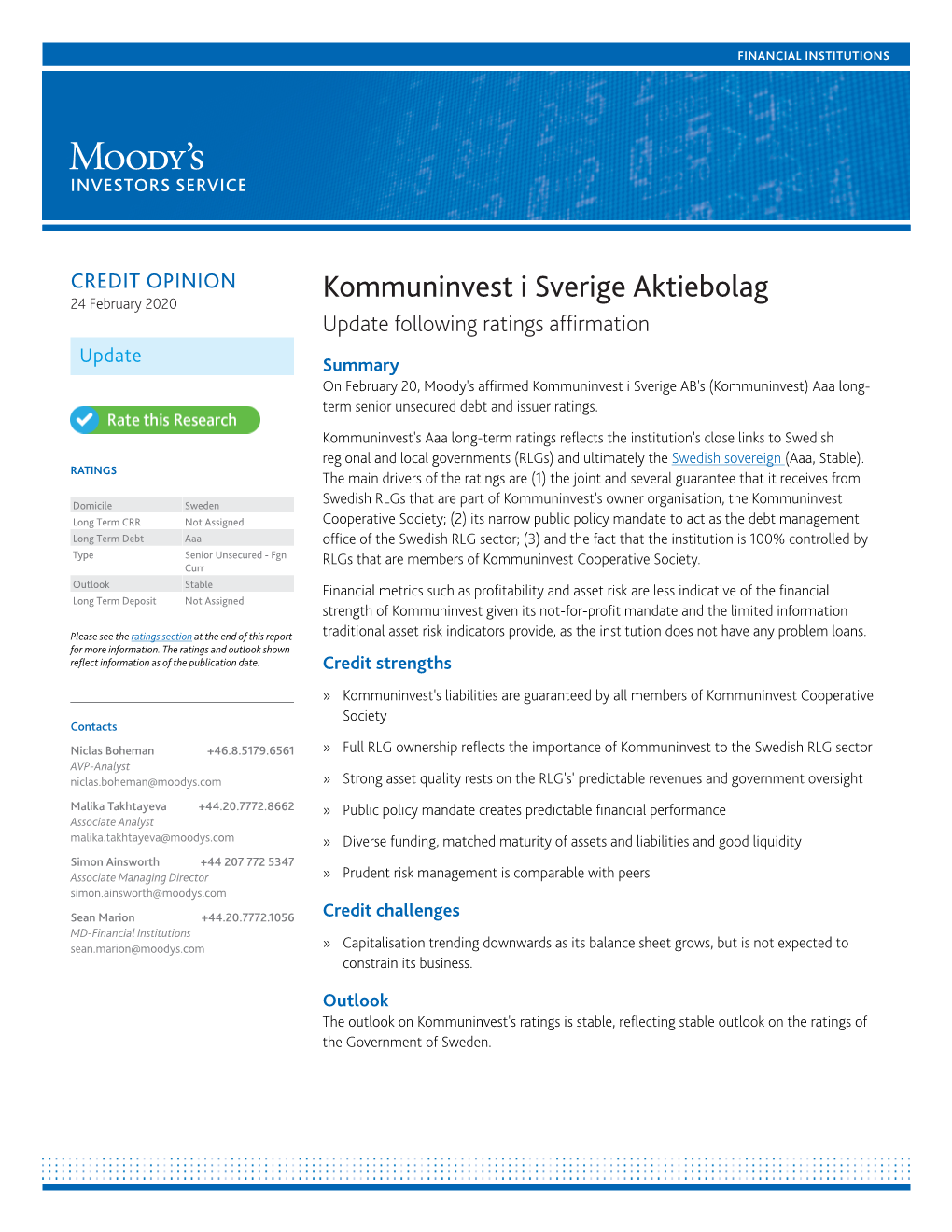 Kommuninvest I Sverige Aktiebolag 24 February 2020 Update Following Ratings Affirmation