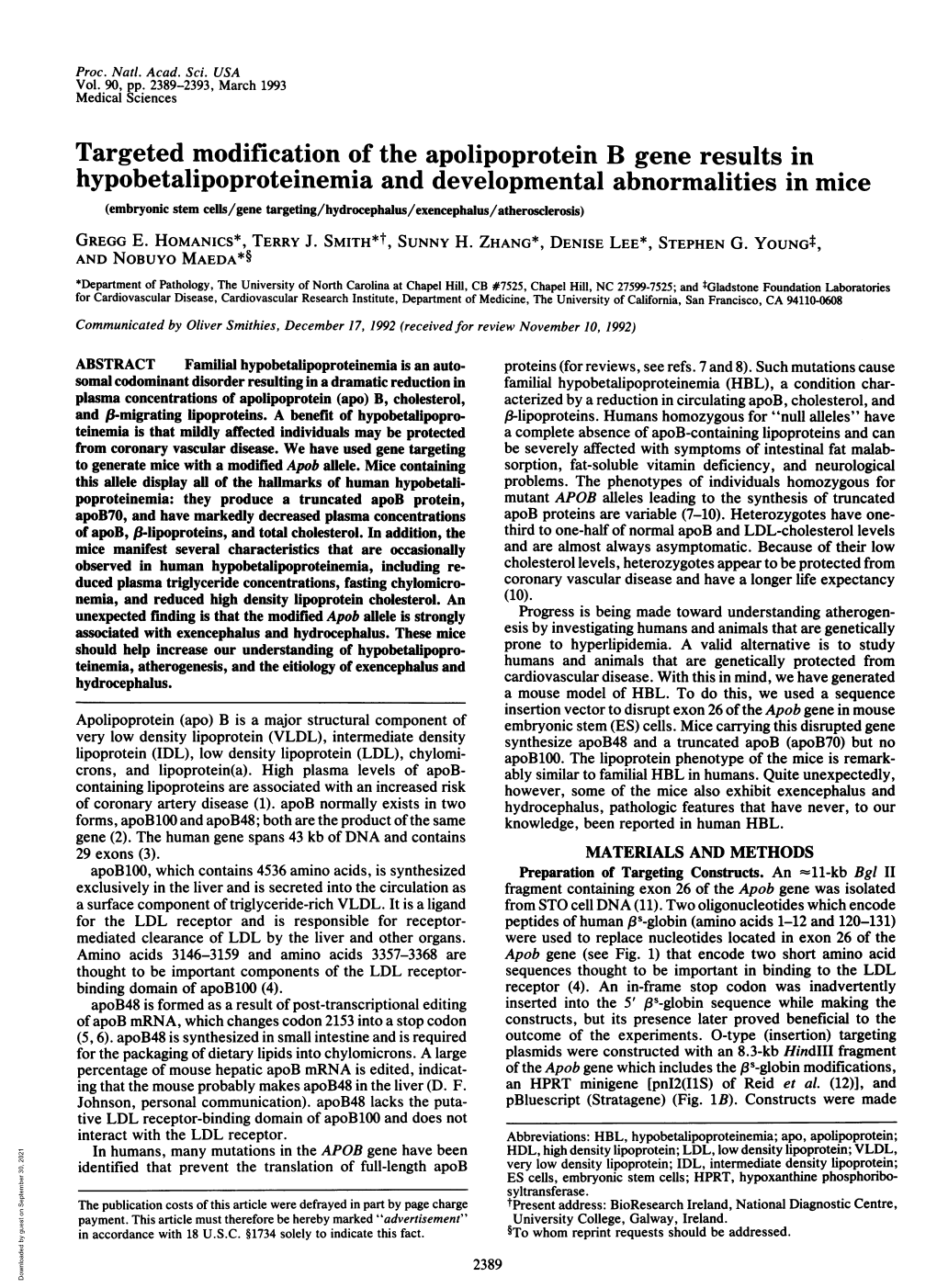 Hypobetalipoproteinemia and Developmental Abnormalities in Mice (Embryonic Stem Cells/Gene Targeting/Hydrocephalus/Exencephalus/Atherosclerosis) GREGG E