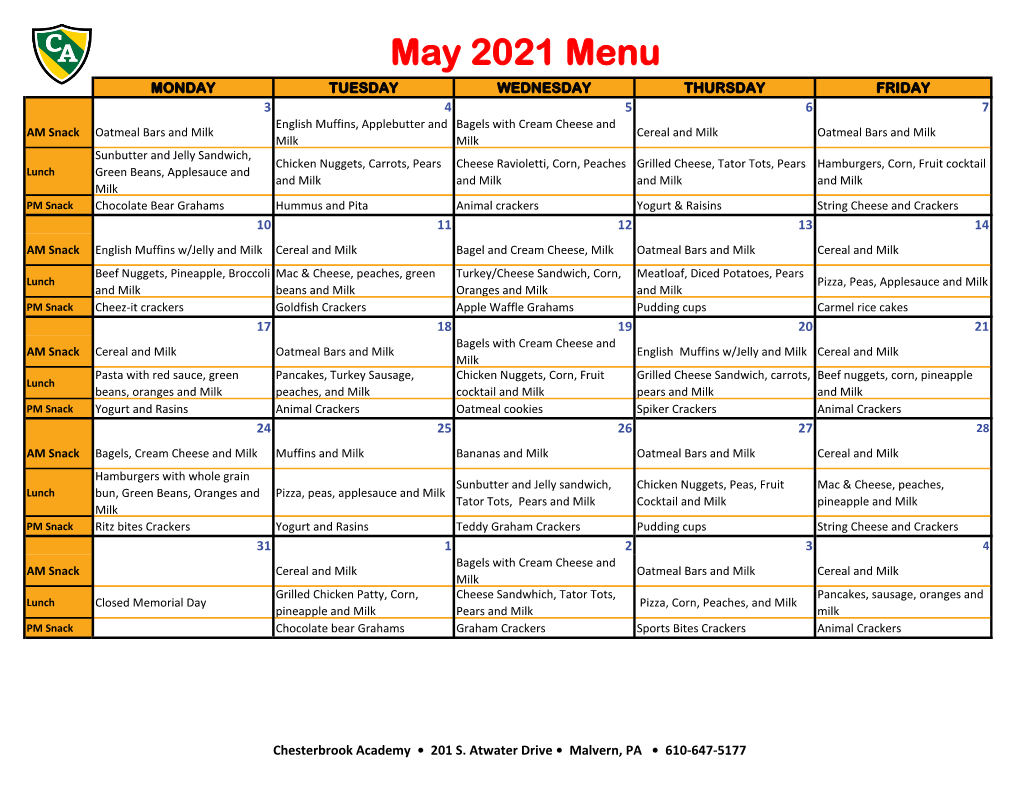 May Menu 2021