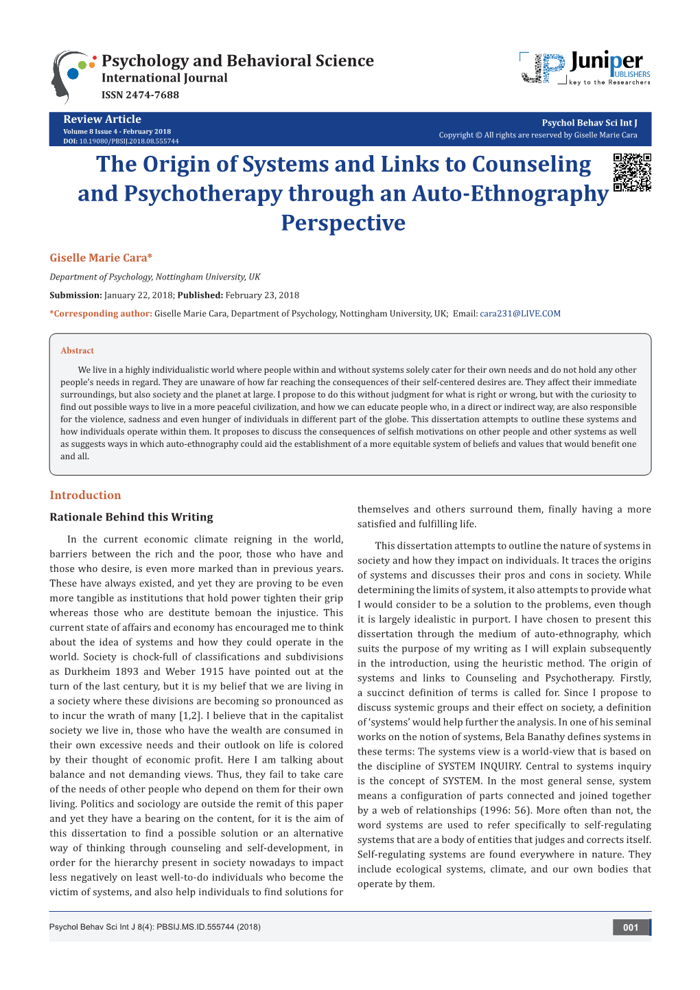The Origin of Systems and Links to Counseling and Psychotherapy Through an Auto-Ethnography Perspective