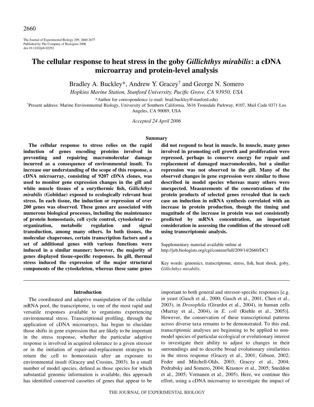 The Cellular Response to Heat Stress in the Goby Gillichthys Mirabilis: a Cdna Microarray and Protein-Level Analysis Bradley A