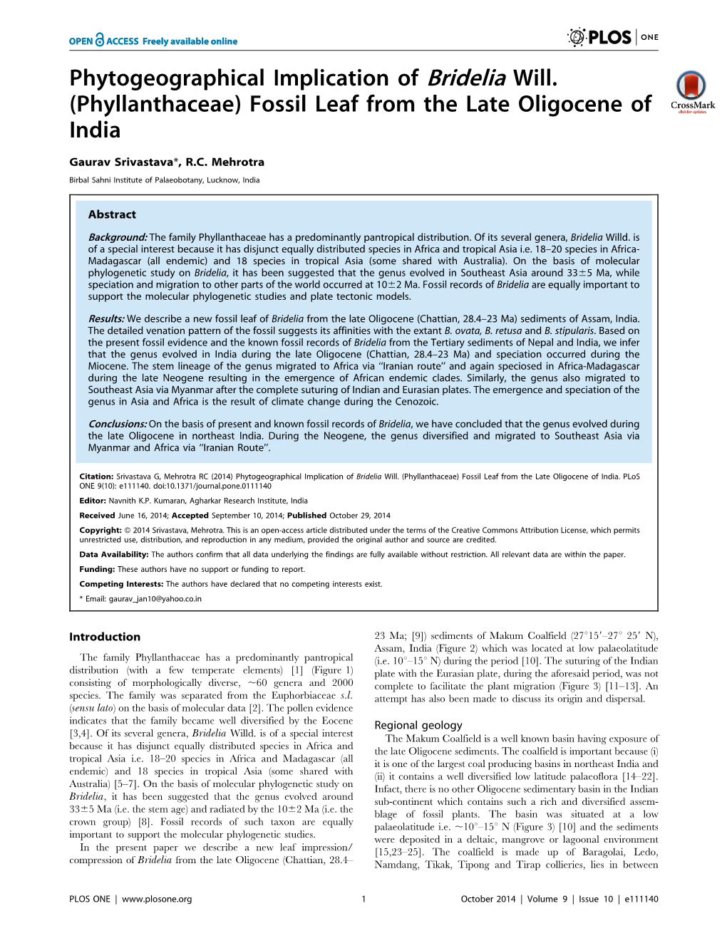 Phytogeographical Implication of Bridelia Will. (Phyllanthaceae) Fossil Leaf from the Late Oligocene of India