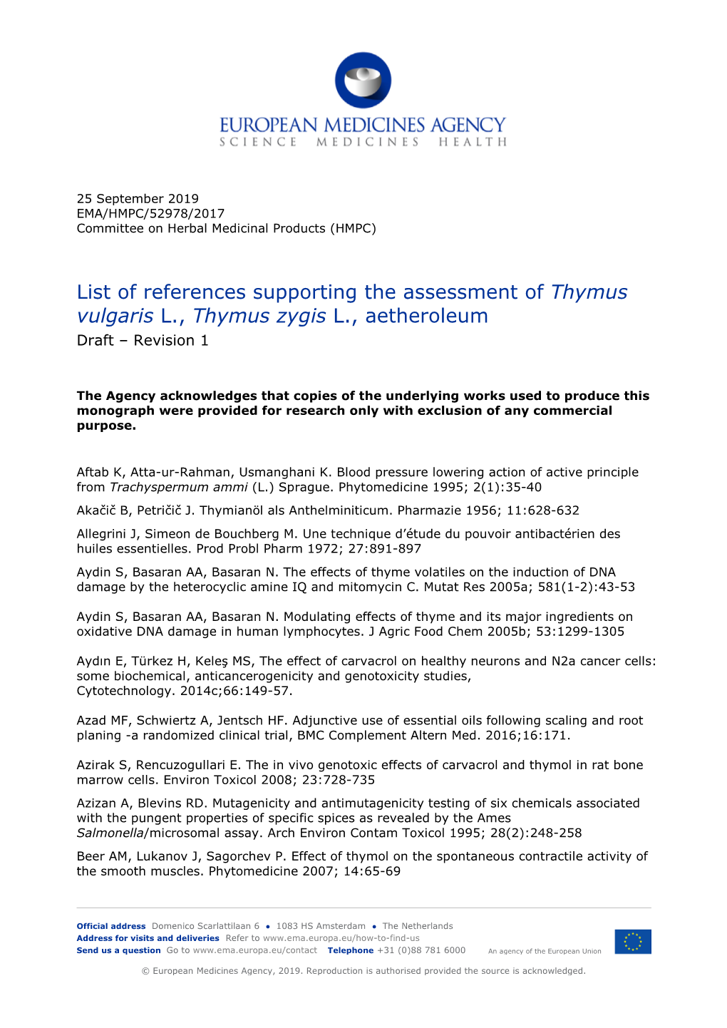 List of References Supporting the Assessment of Thymus Vulgaris L., Thymus Zygis L., Aetheroleum Draft – Revision 1