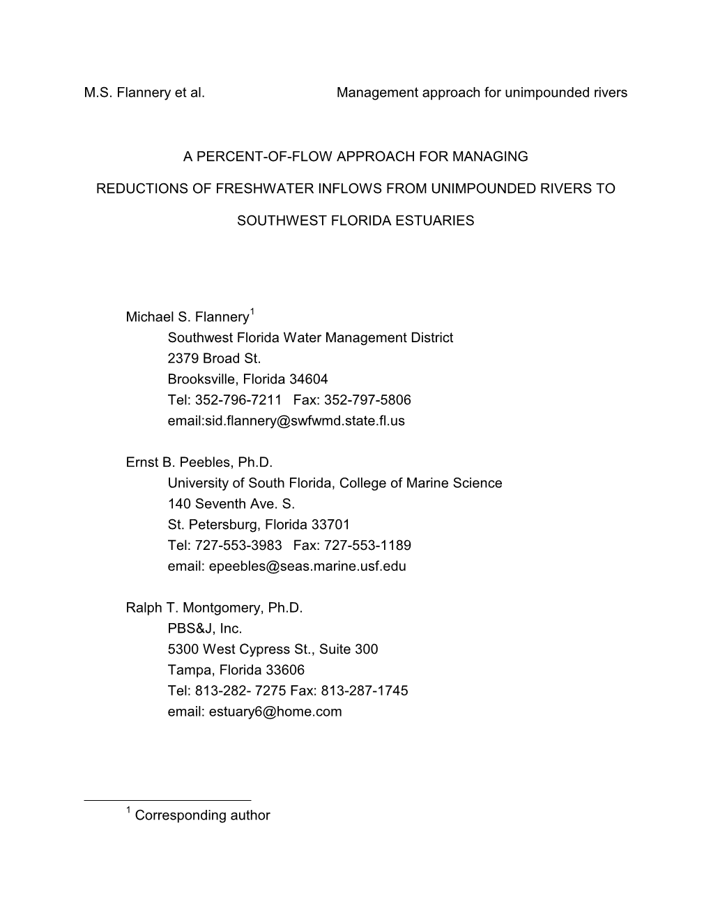 A Percent-Of-Flow Approach for Managing Reductions of Freshwater Inflows from Impounded Rivers to Southwest Florida Estuaries