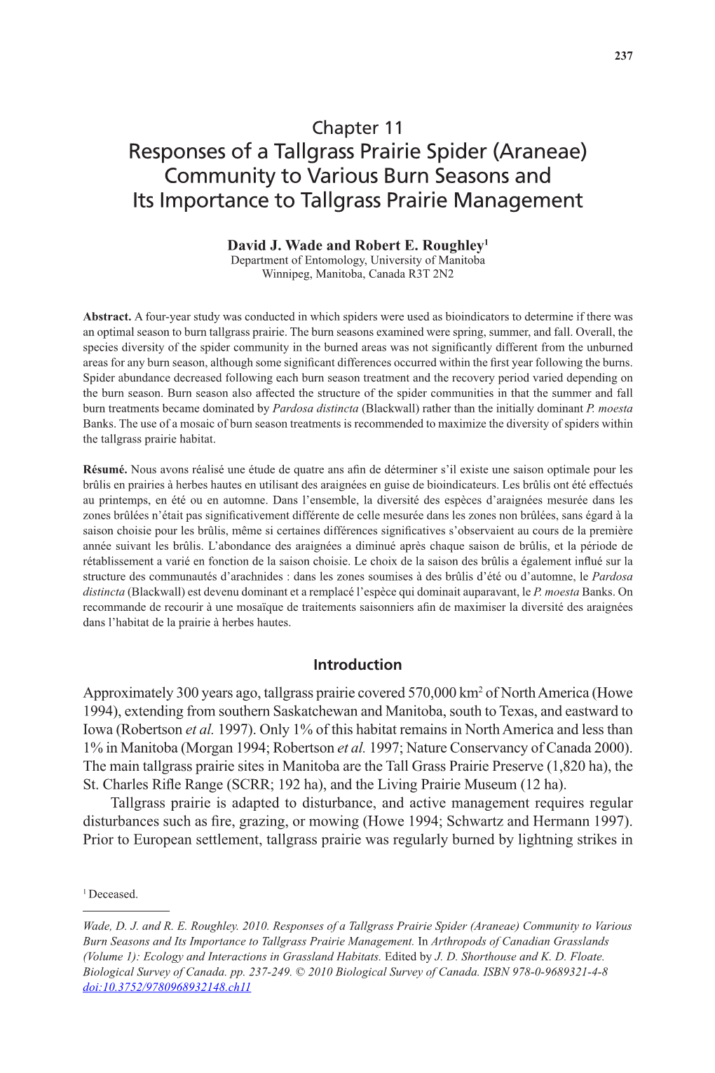 Responses of a Tallgrass Prairie Spider (Araneae) Community to Various Burn Seasons and Its Importance to Tallgrass Prairie Management