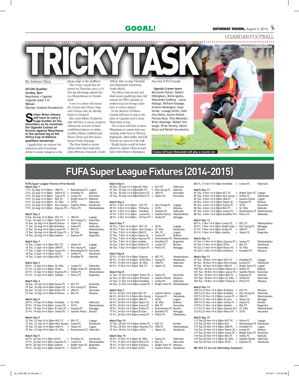 FUFA Super League Fixtures (2014-2015)