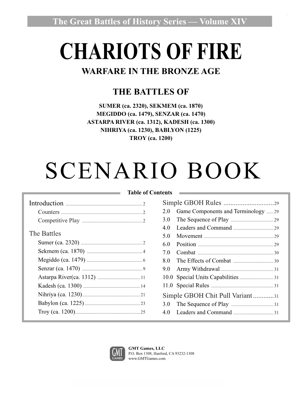 Chariots of Fire Scenario Book 1 the Great Battles of History Series — Volume XIV CHARIOTS of FIRE WARFARE in the BRONZE AGE