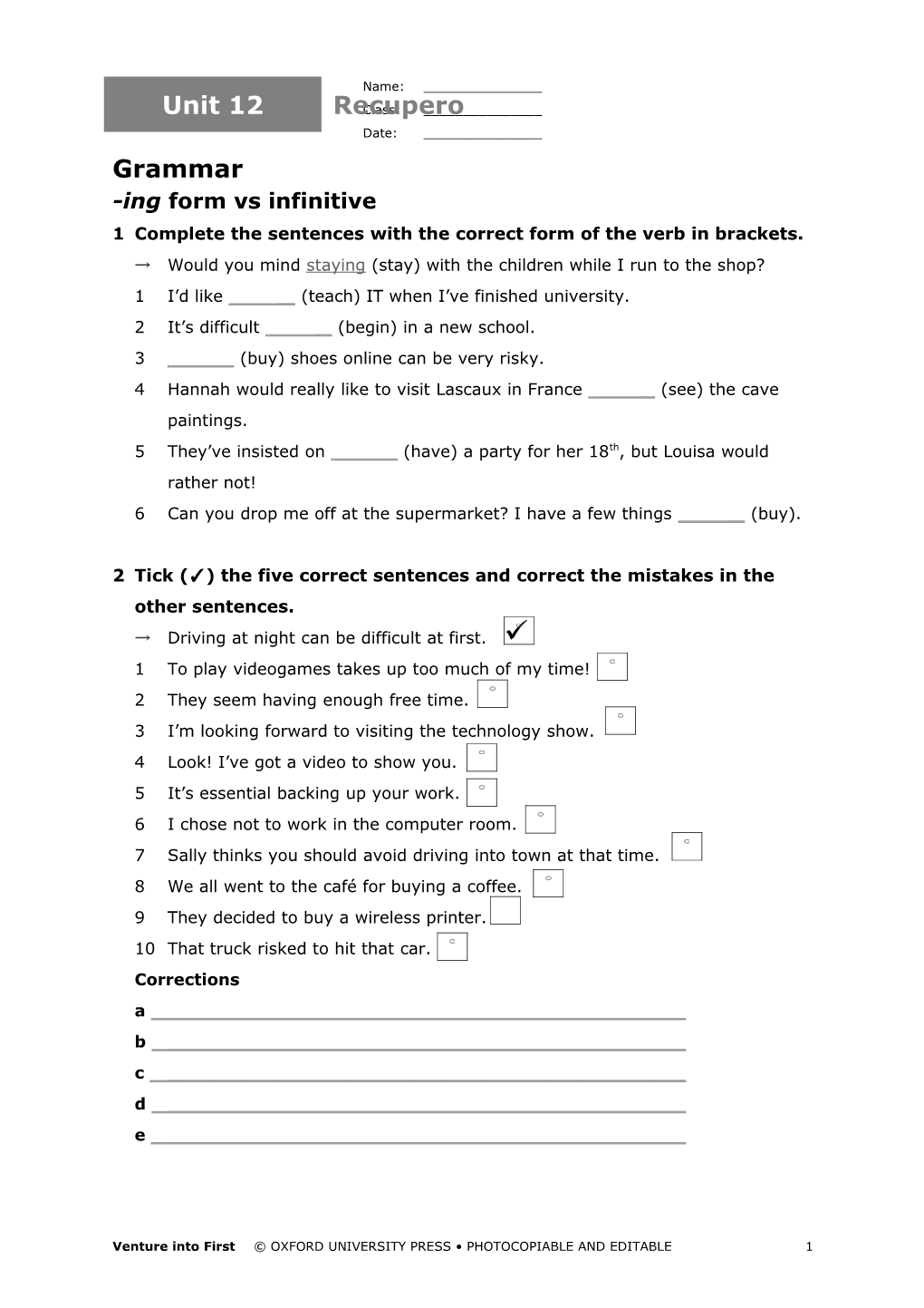 1 Complete the Sentences with the Correct Form of the Verb in Brackets