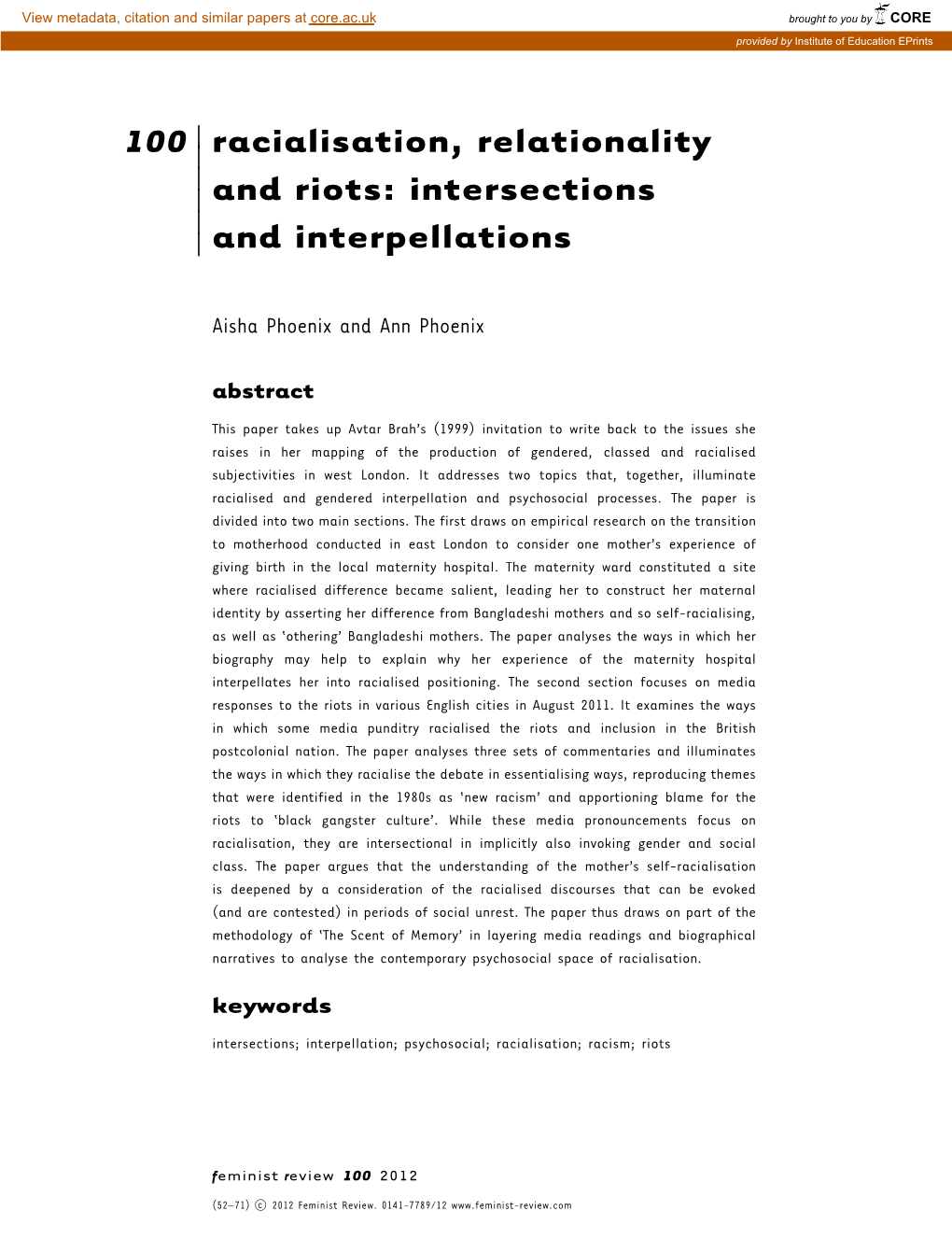 Racialisation, Relationality and Riots