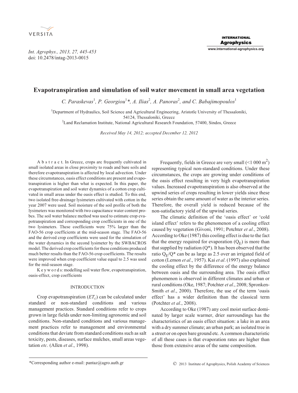 Evapotranspiration and Simulation of Soil Water Movement in Small Area Vegetation