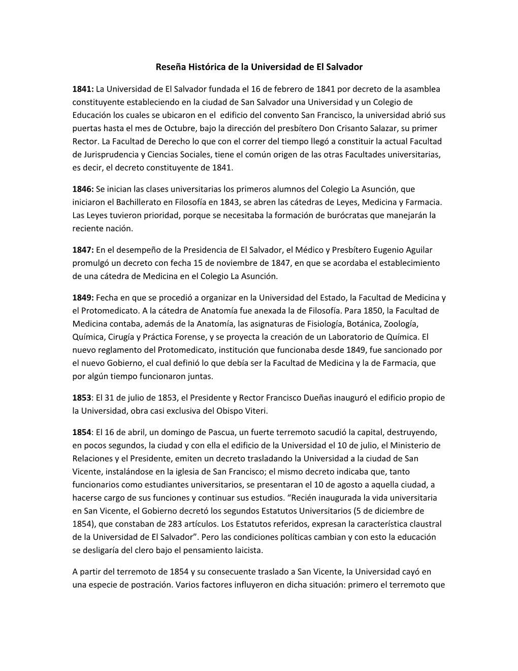 Reseña Histórica De La Universidad De El Salvador