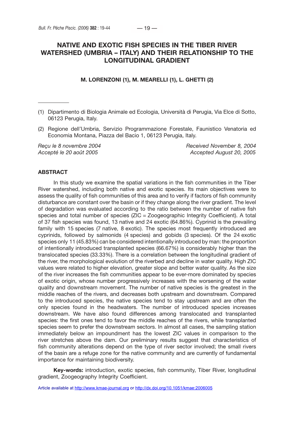 Native and Exotic Fish Species in the Tiber River Watershed (Umbria – Italy) and Their Relationship to the Longitudinal Gradient