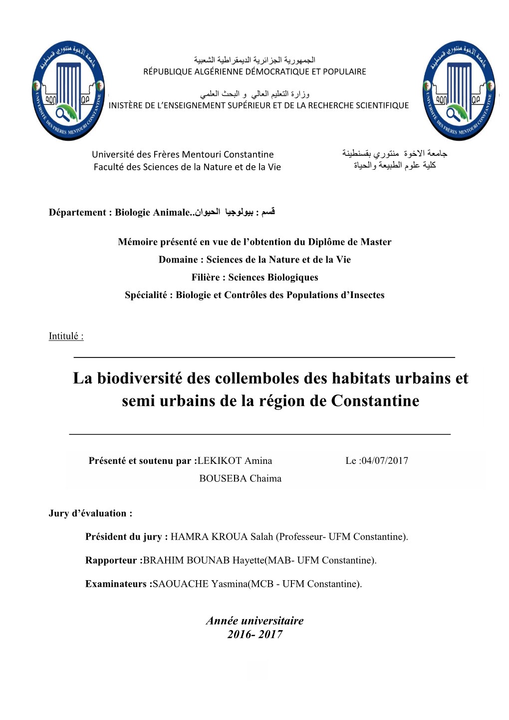 La Biodiversité Des Collemboles Des Habitats Urbains Et Semi Urbains De La Région De Constantine