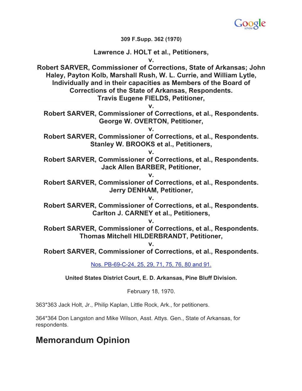 Holt V. Sarver, E.D.Ark., 300 F.Supp