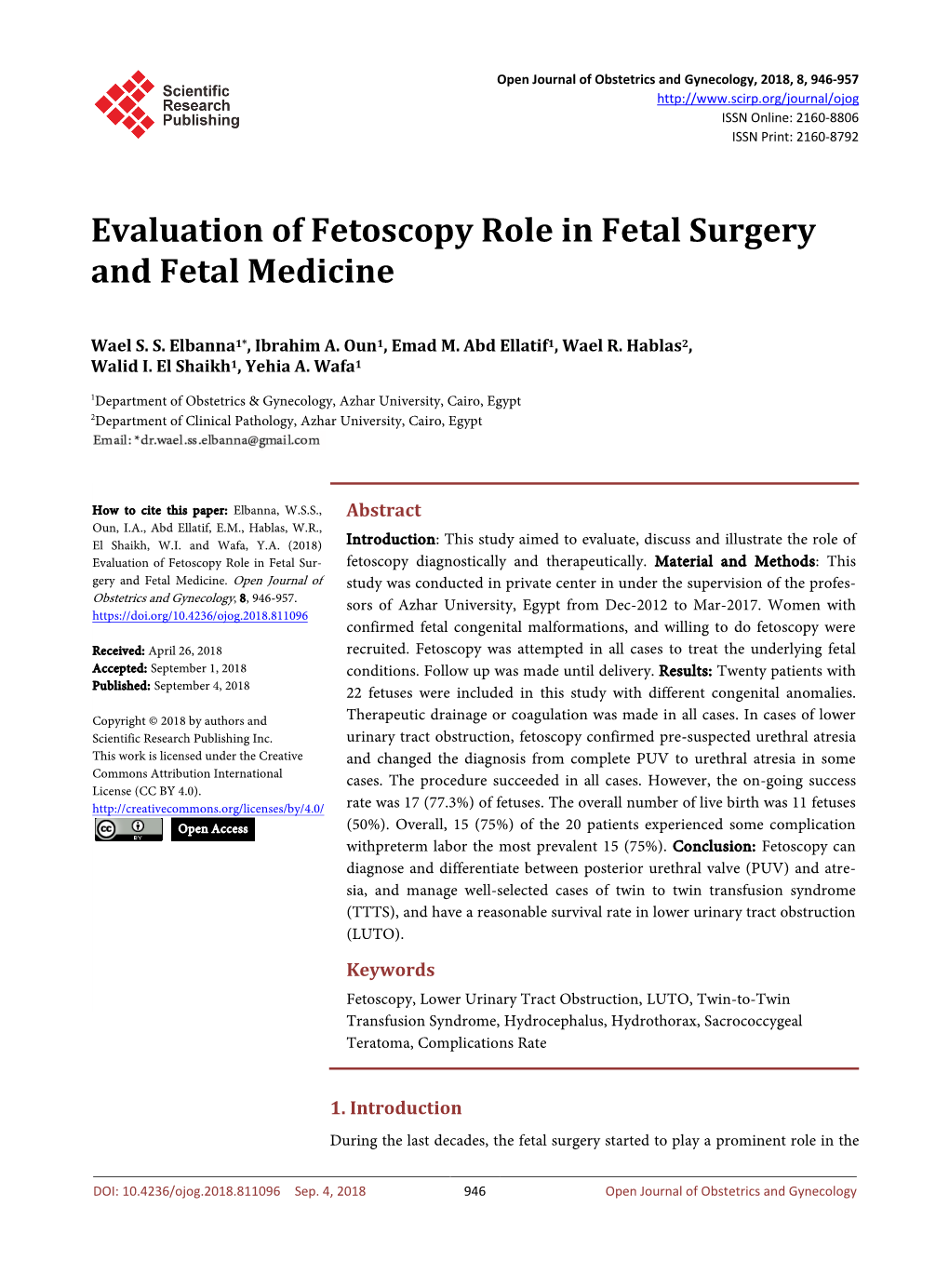 Evaluation of Fetoscopy Role in Fetal Surgery and Fetal Medicine