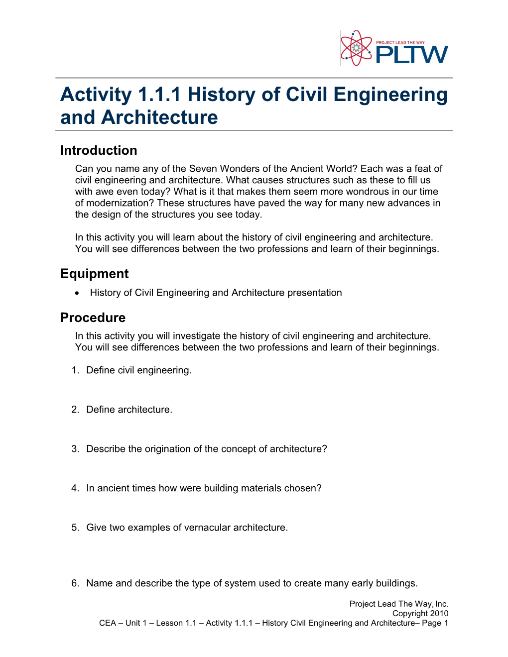 Activity 1.1.1 History of Civil Engineering and Archtiecture