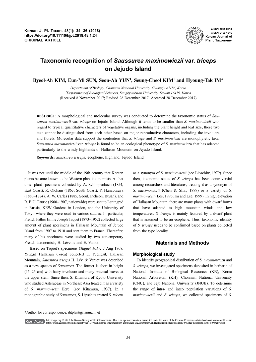 Taxonomic Recognition of Saussurea Maximowiczii Var. Triceps on Jejudo Island