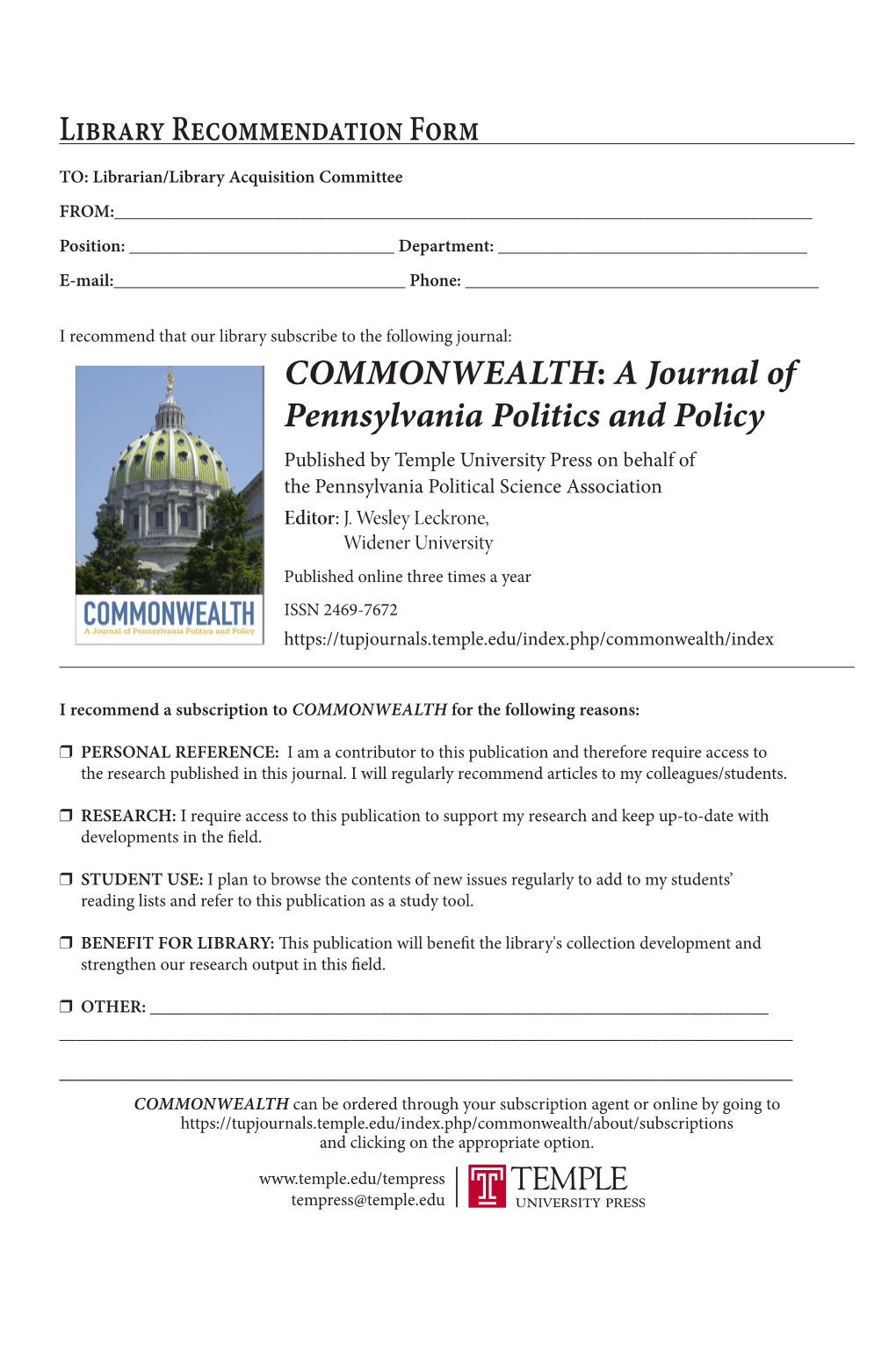 COMMONWEALTH: a Journal of Pennsylvania Politics and Policy Published by Temple University Press on Behalf of the Pennsylvania Political Science Association Editor: J