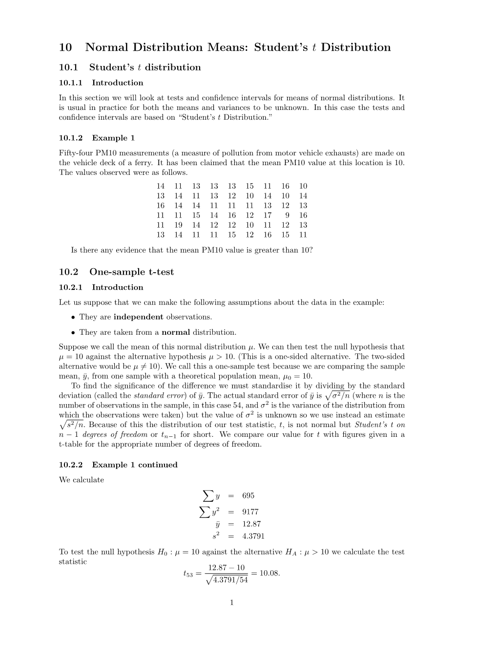 10 Normal Distribution Means: Student's T Distribution