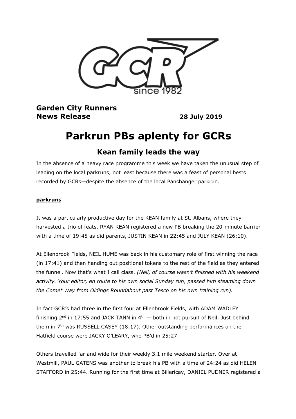 Parkrun Pbs Aplenty for Gcrs