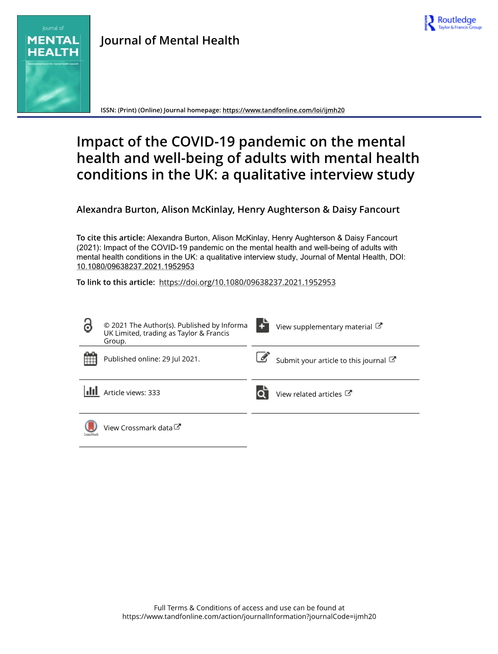 Impact of the COVID-19 Pandemic on the Mental Health and Well-Being of Adults with Mental Health Conditions in the UK: a Qualitative Interview Study
