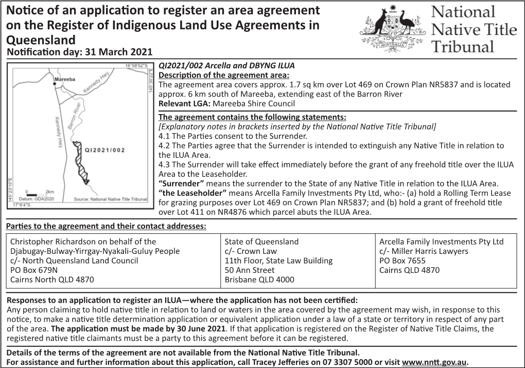 Notice of an Application to Register an Area Agreement on the Register Of