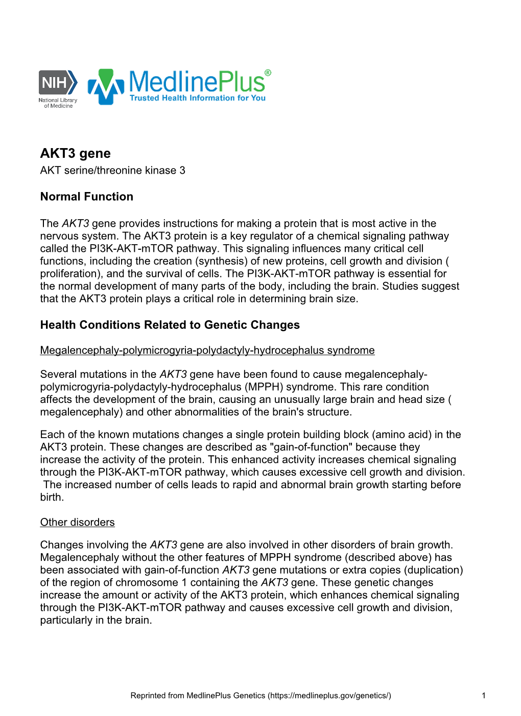 AKT3 Gene AKT Serine/Threonine Kinase 3