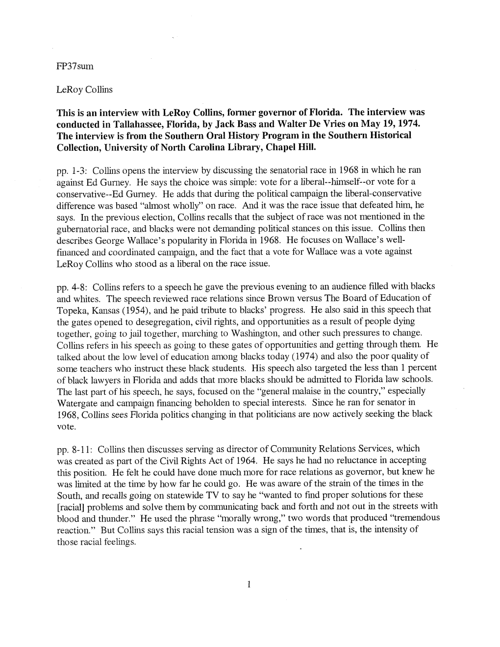 Fp37sum Leroy Collins This Is an Interview with Leroy Collins, Former Governor of Florida. the Interview Was Conducted in Tallah