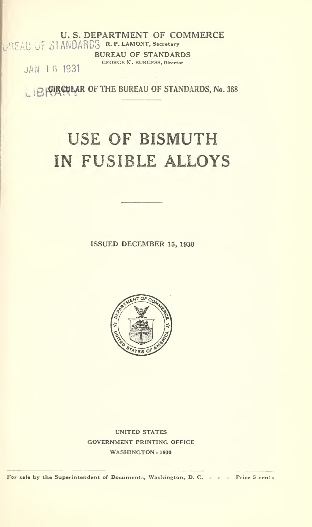 Circular of the Bureau of Standards No. 388: Use of Bismuth in Fusible Alloys