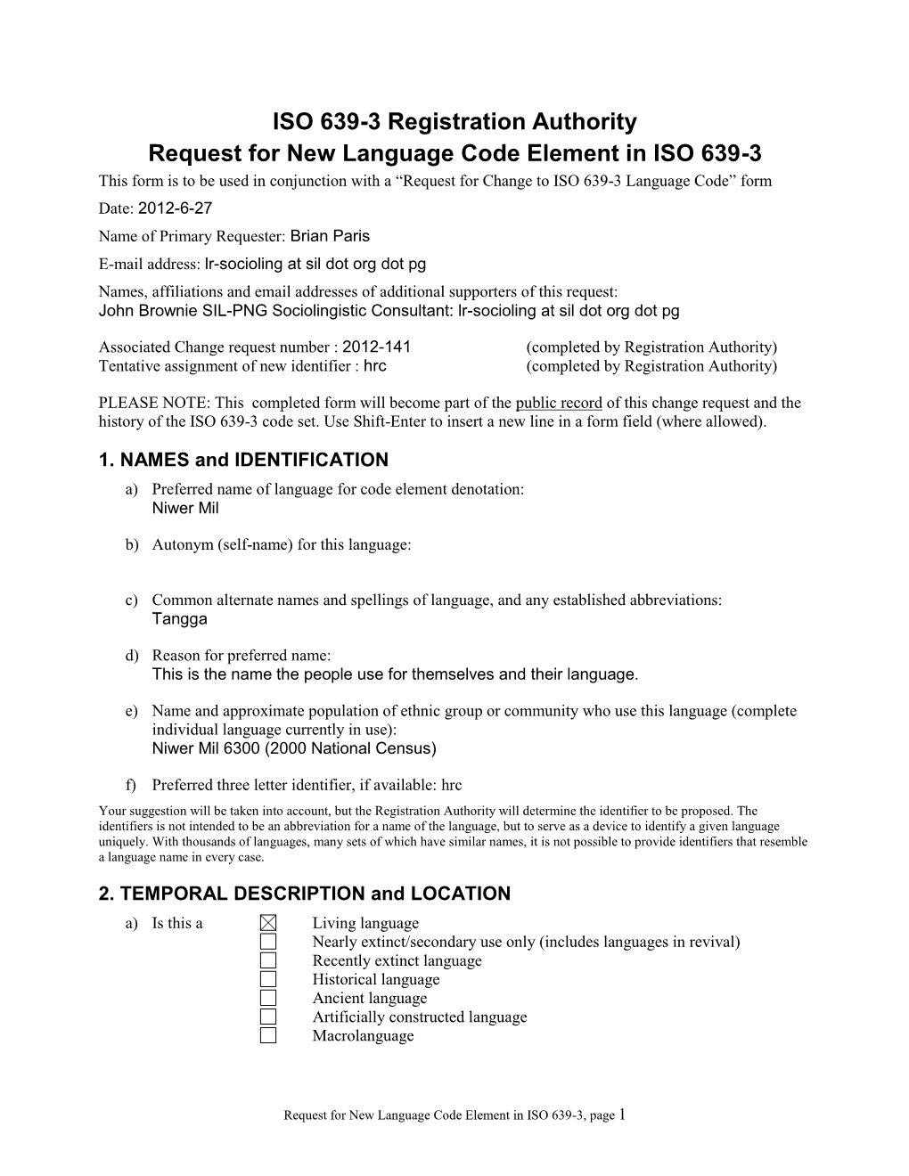 ISO 639-3 New Code Request