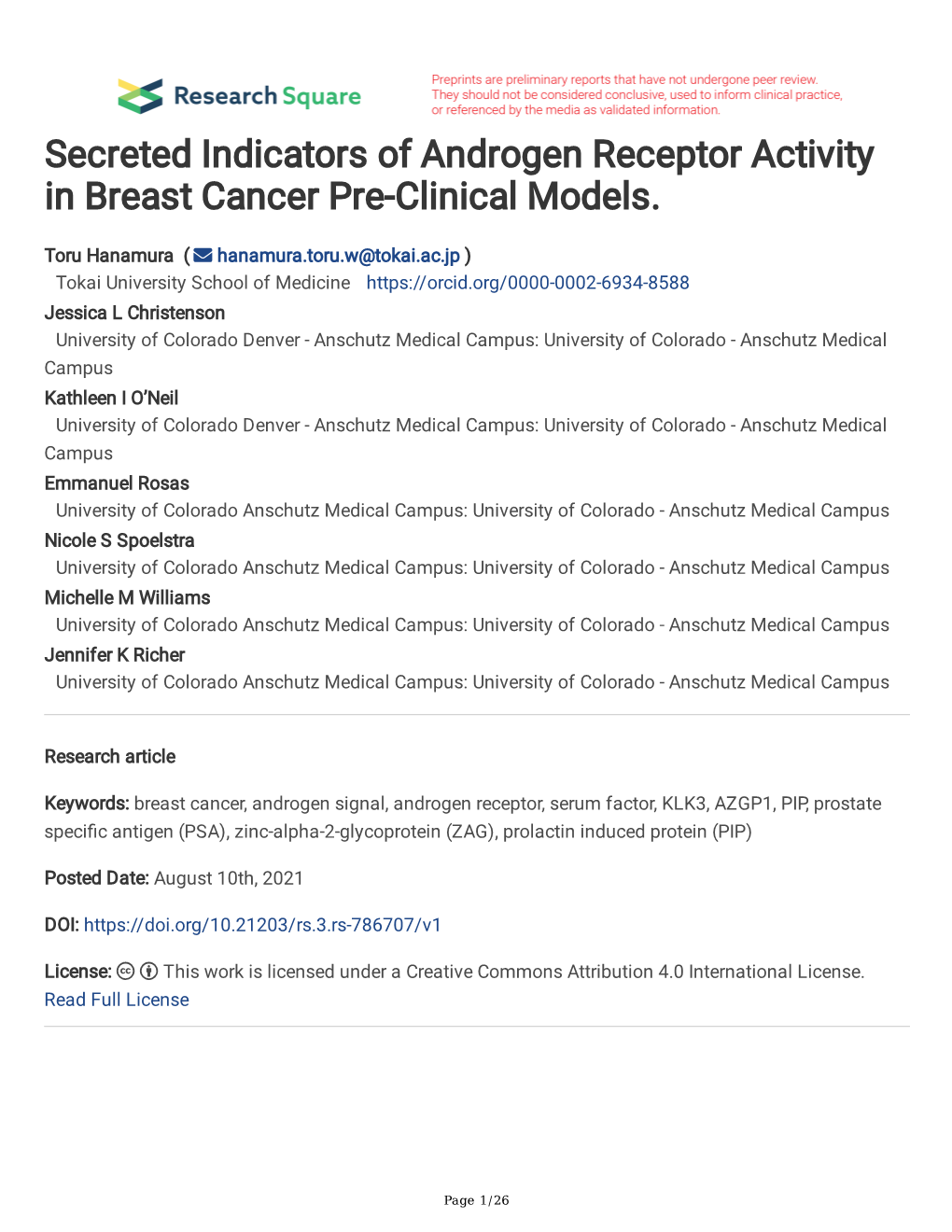 Secreted Indicators of Androgen Receptor Activity in Breast Cancer Pre-Clinical Models