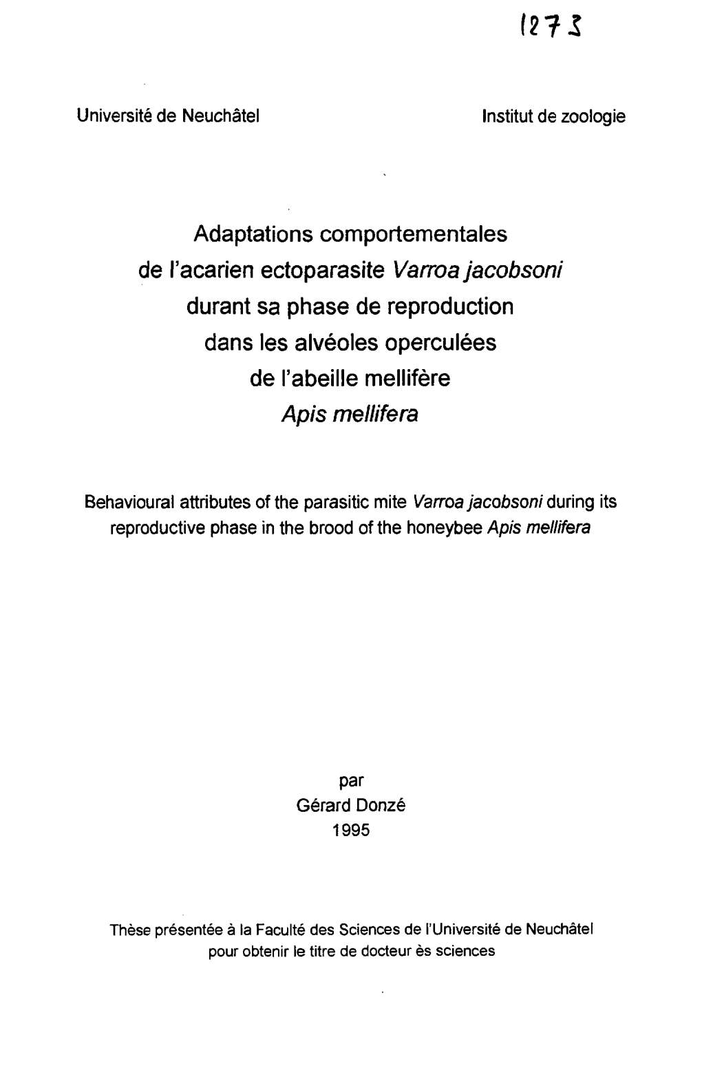 Adaptations Comportementales De L'acarien Ectoparasite Varroa