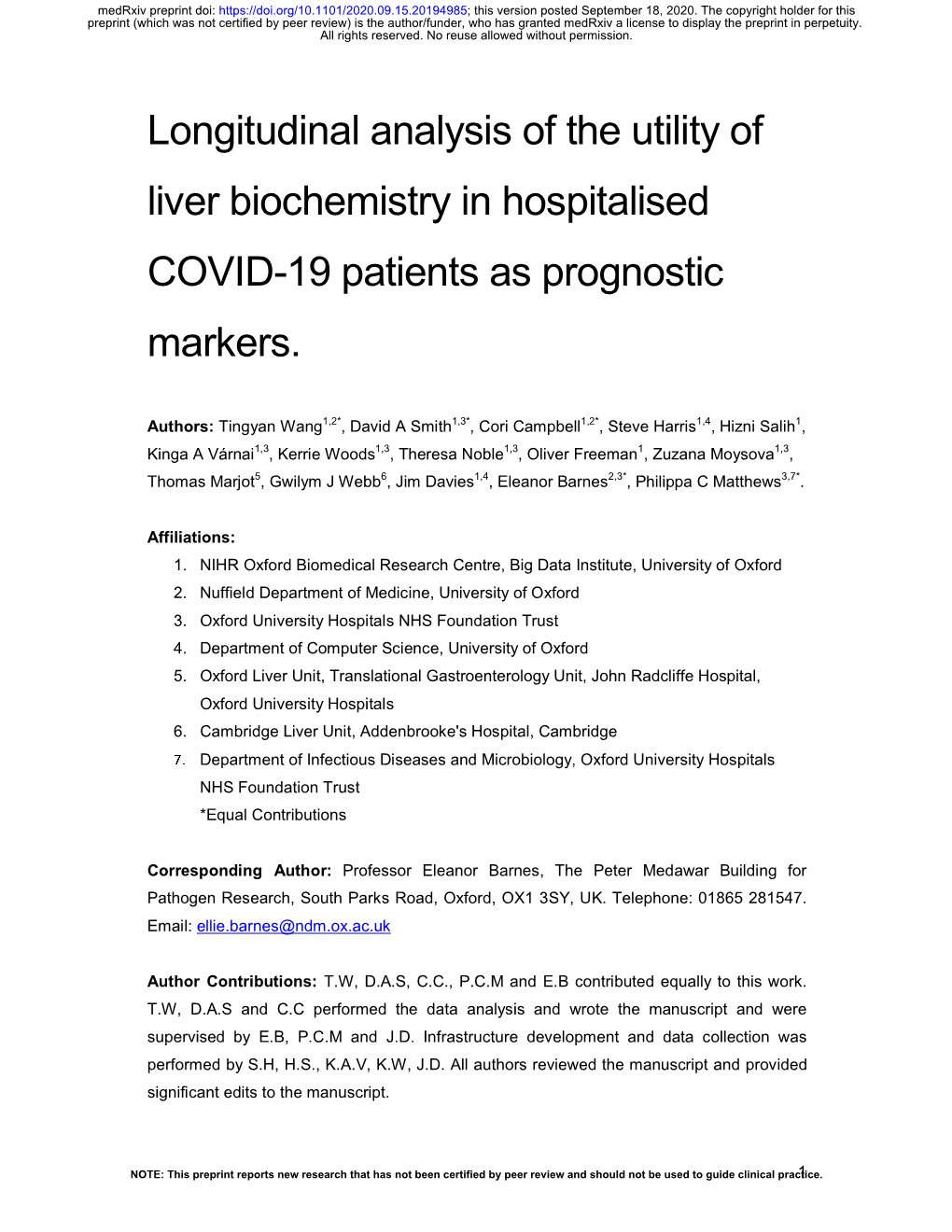 Longitudinal Analysis of the Utility of Liver Biochemistry in Hospitalised COVID-19 Patients As Prognostic Markers