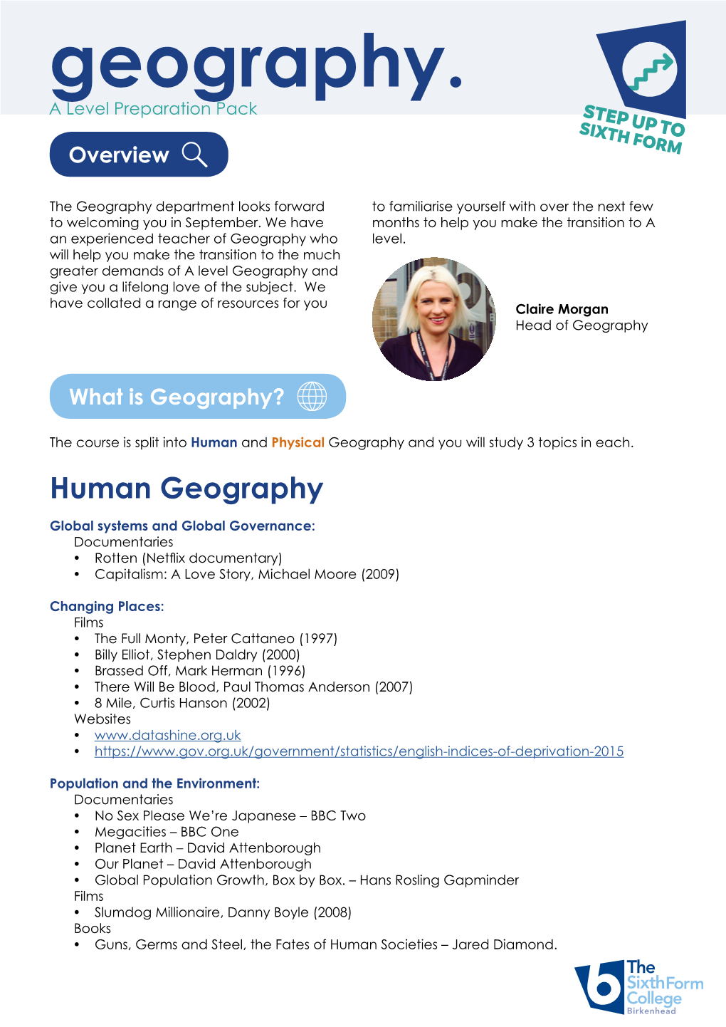 Geography. a Level Preparation Pack