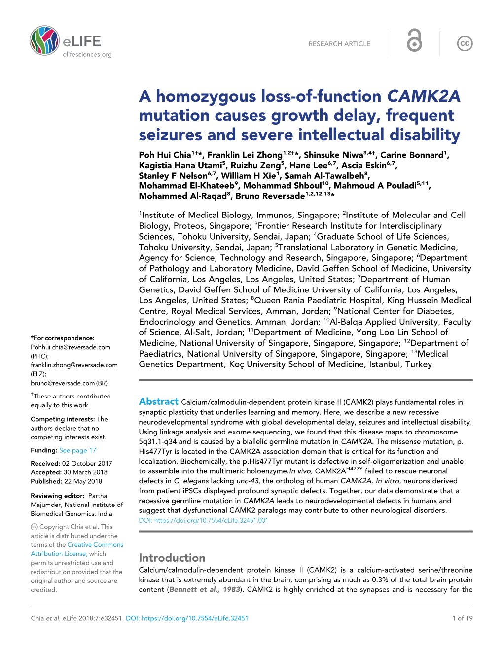 A Homozygous Loss-Of-Function CAMK2A Mutation Causes Growth