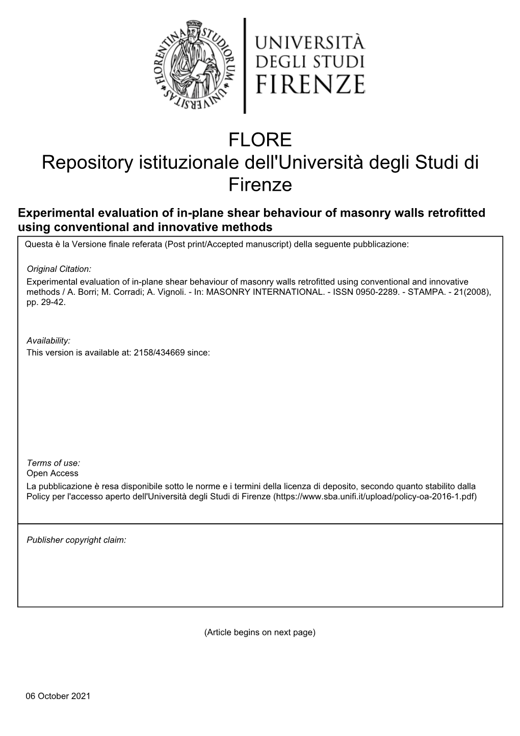 Experimental Evaluation of In-Plane Shear Behaviour of Masonry Walls